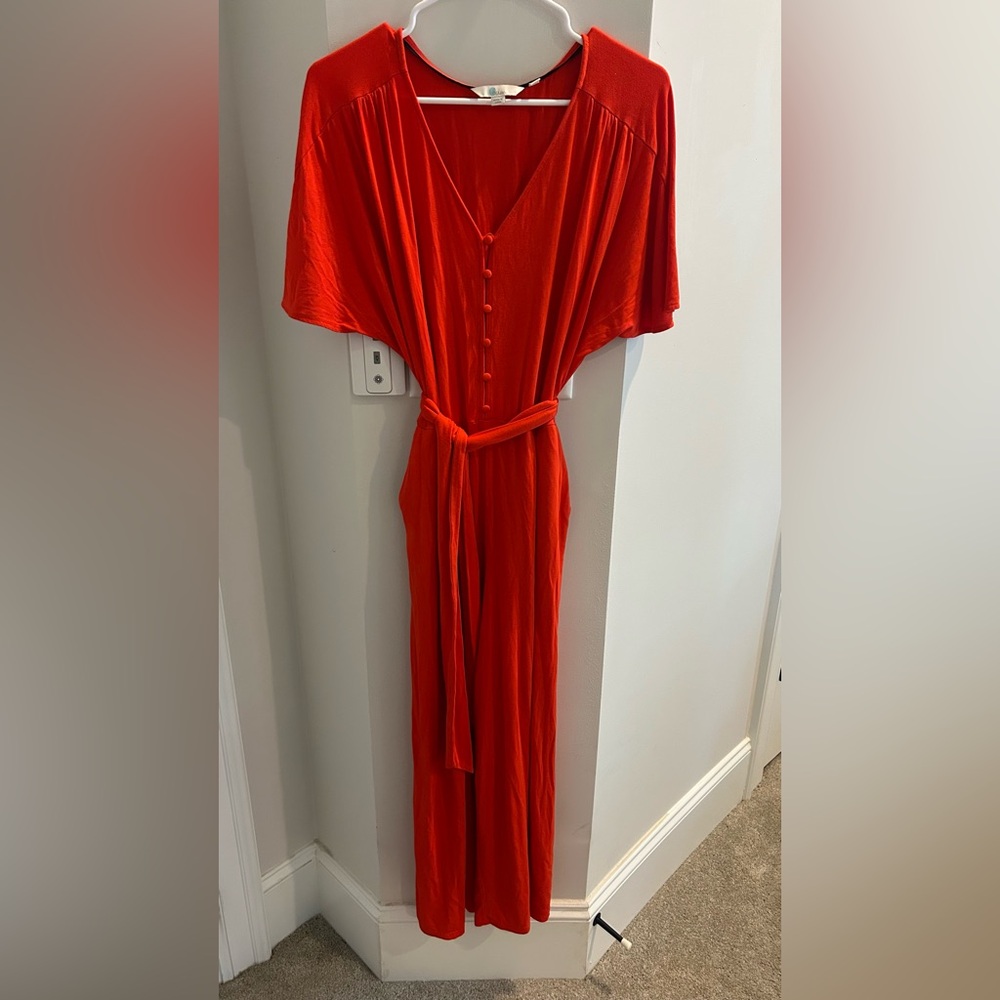Vibrant Red Button-Front Belted Jumpsuit